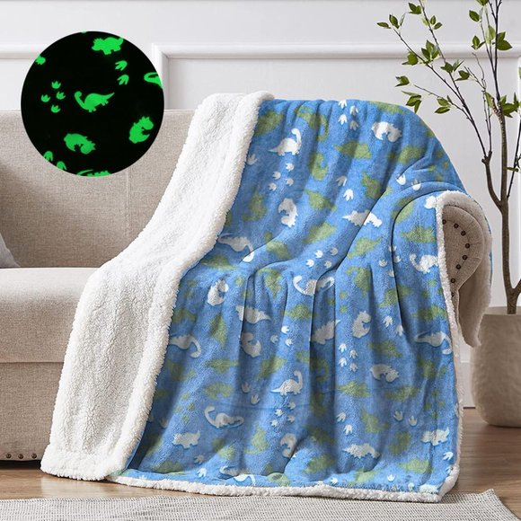 Glow in The Dark Dinosaur Sherpa Dino Blanket Throw | Blue - Picture 1 of 4